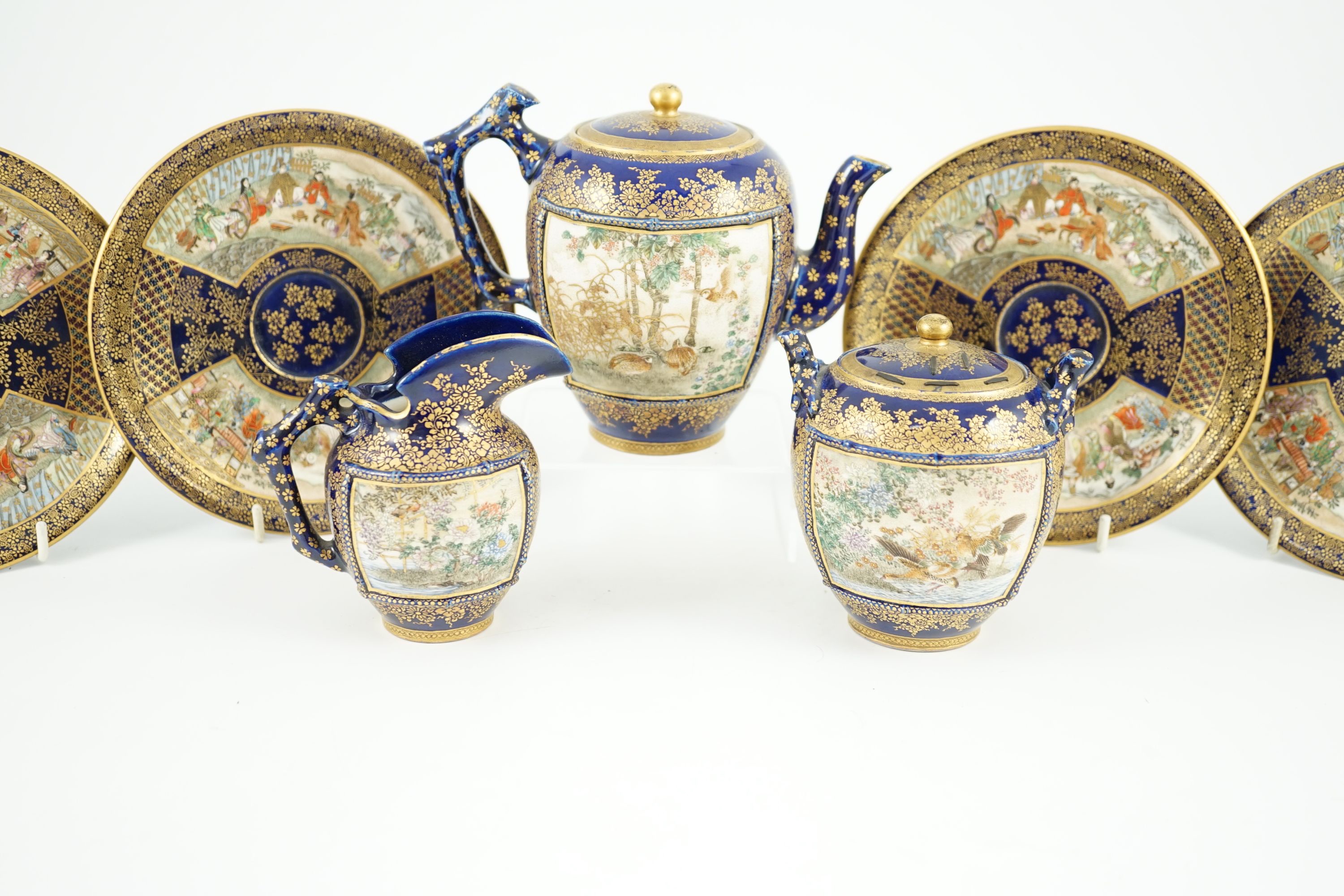 A group of Japanese Satsuma pottery tea wares, by Kinkozan, Meiji period, Saucers 15.2cm